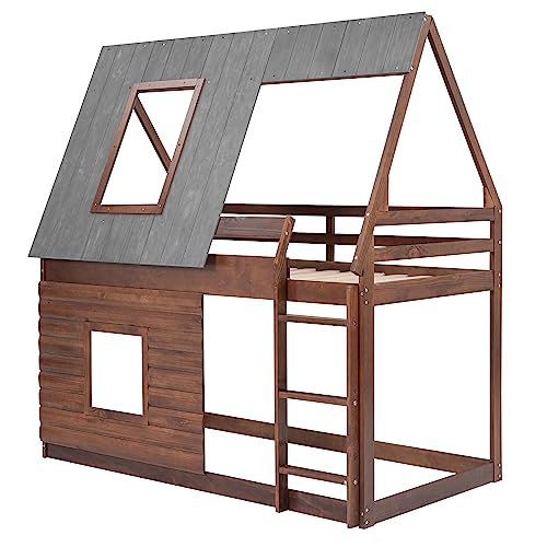 Twin Over Twin Bunk Bed House with Roof and Windows Wood Frame Oak Smoky Grey k7