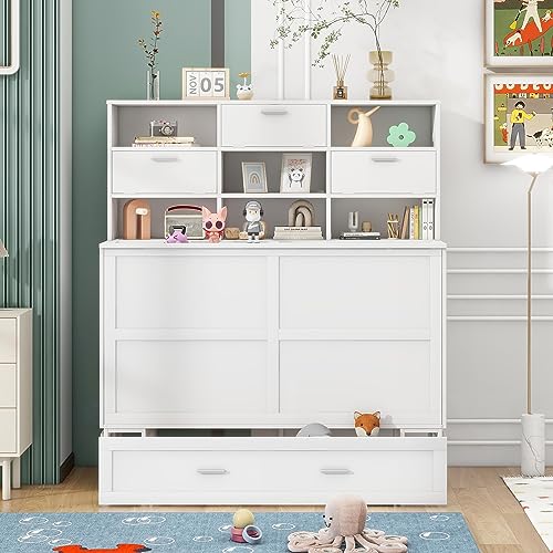 Queen Size Murphy Bed with Bookcase and Drawer White q7