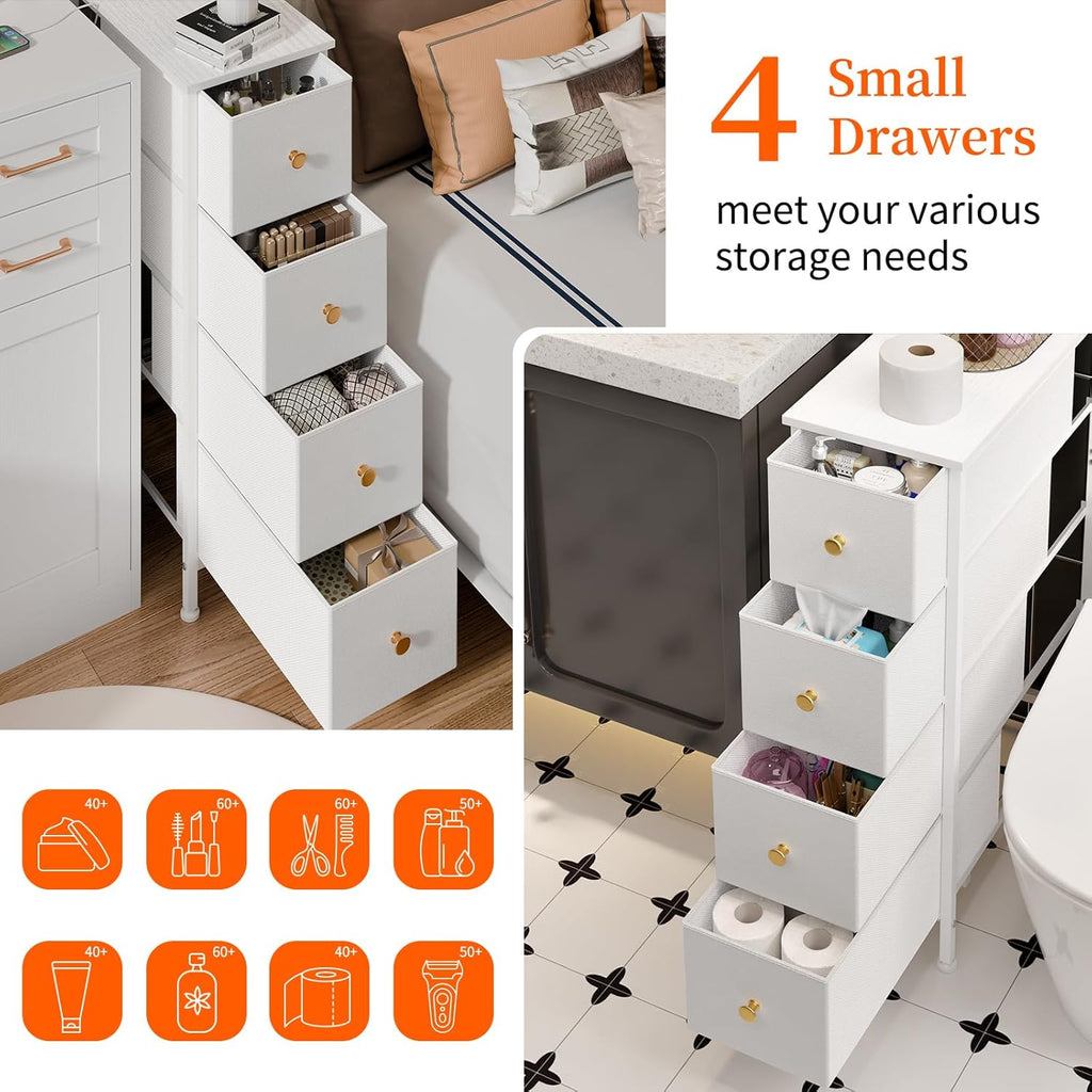 Narrow Storage Cabinet with 4 Drawers, Slim Fabric Tower for Small Spaces, White with Steel Frame and Wood Top k7m