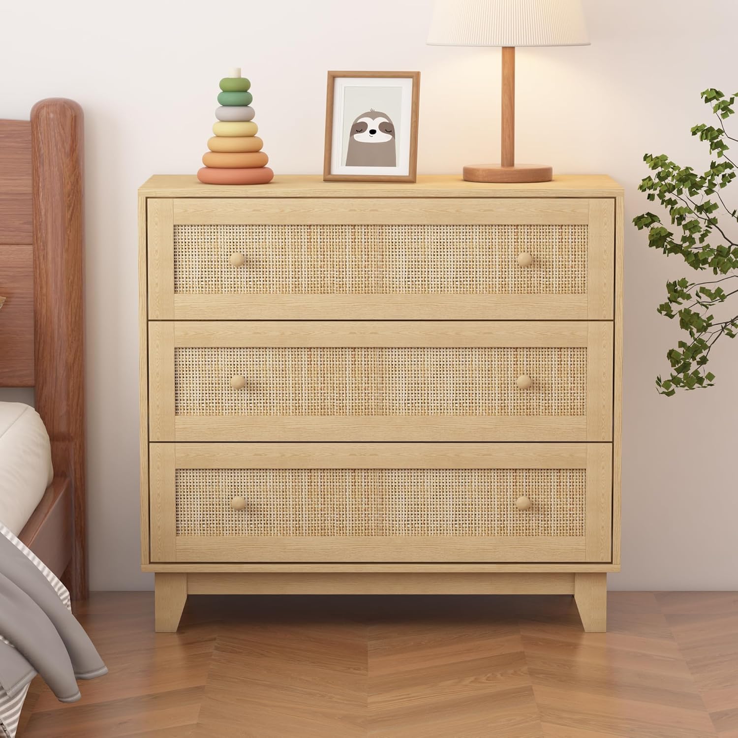 3 Drawer Dresser for Bedroom, Natural Rattan Wood Storage Organizer k7p