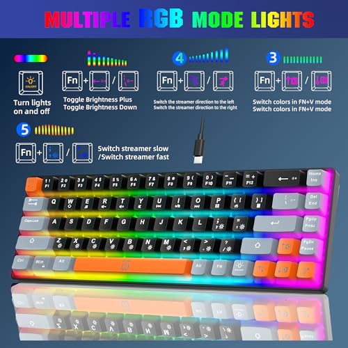 Gaming Keyboard, Compact RGB Backlit, 68 Keys White Grey Orange k7m