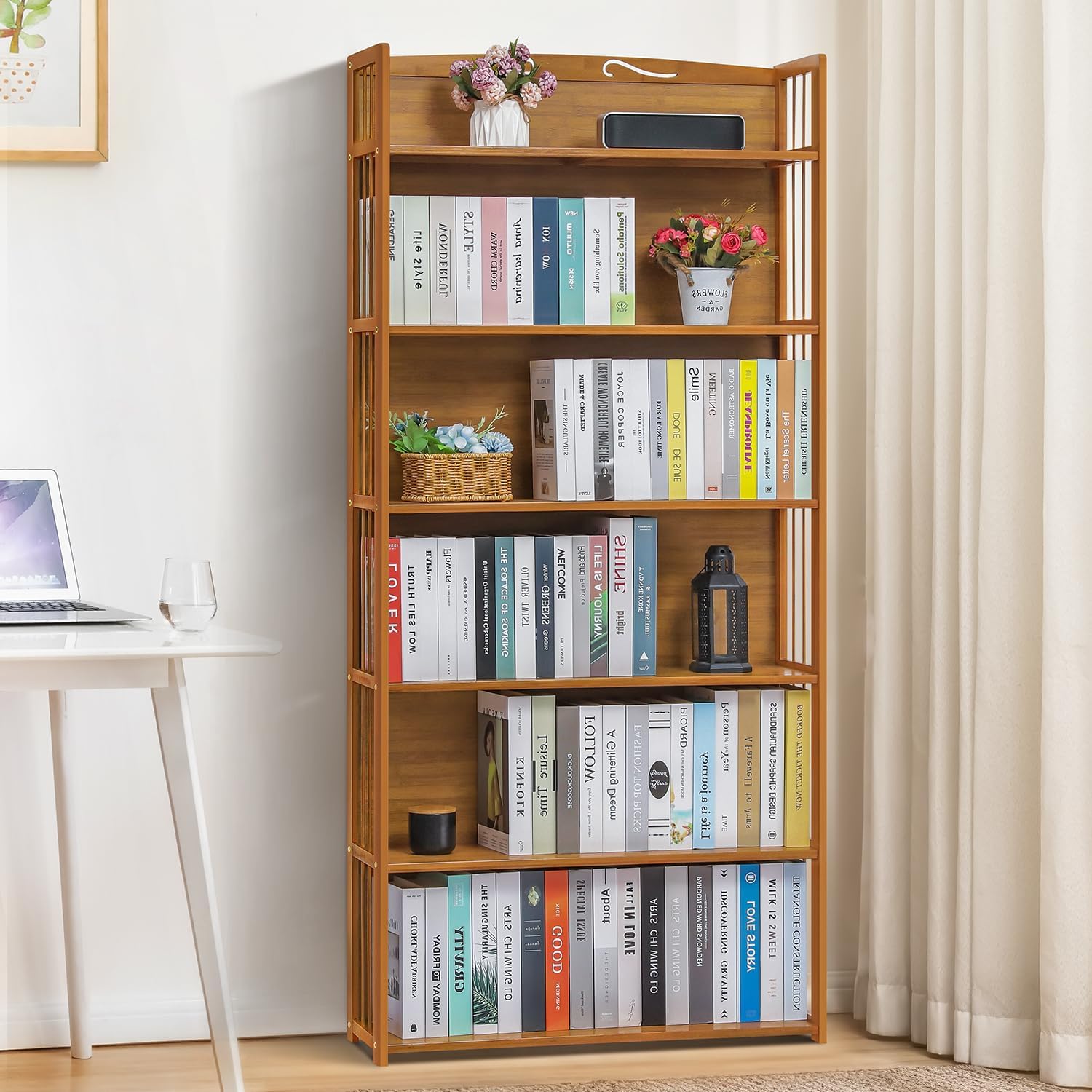 6-Tier Bamboo Bookshelf Freestanding Narrow Bookcase Rack k7p