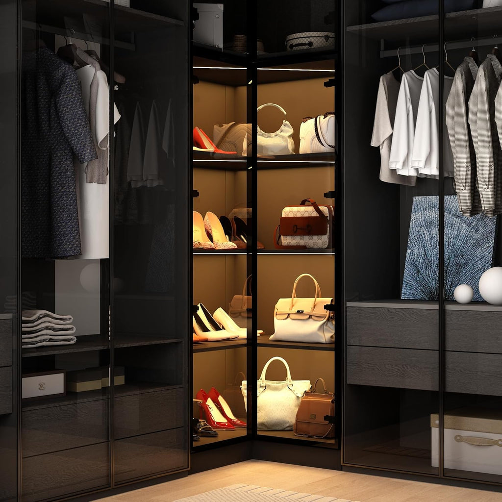 Corner Storage Cabinet with Glass Door and Light, 2 Doors 4 Shelves, Black 7k