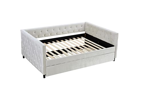 Velvet Tufted Twin Daybed with Trundle Beige k7