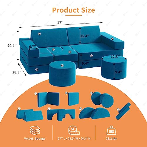 Modular Kids Play Couch with 2 Ottomans, Fold Out for Playroom Bedroom Blueberry L k7q