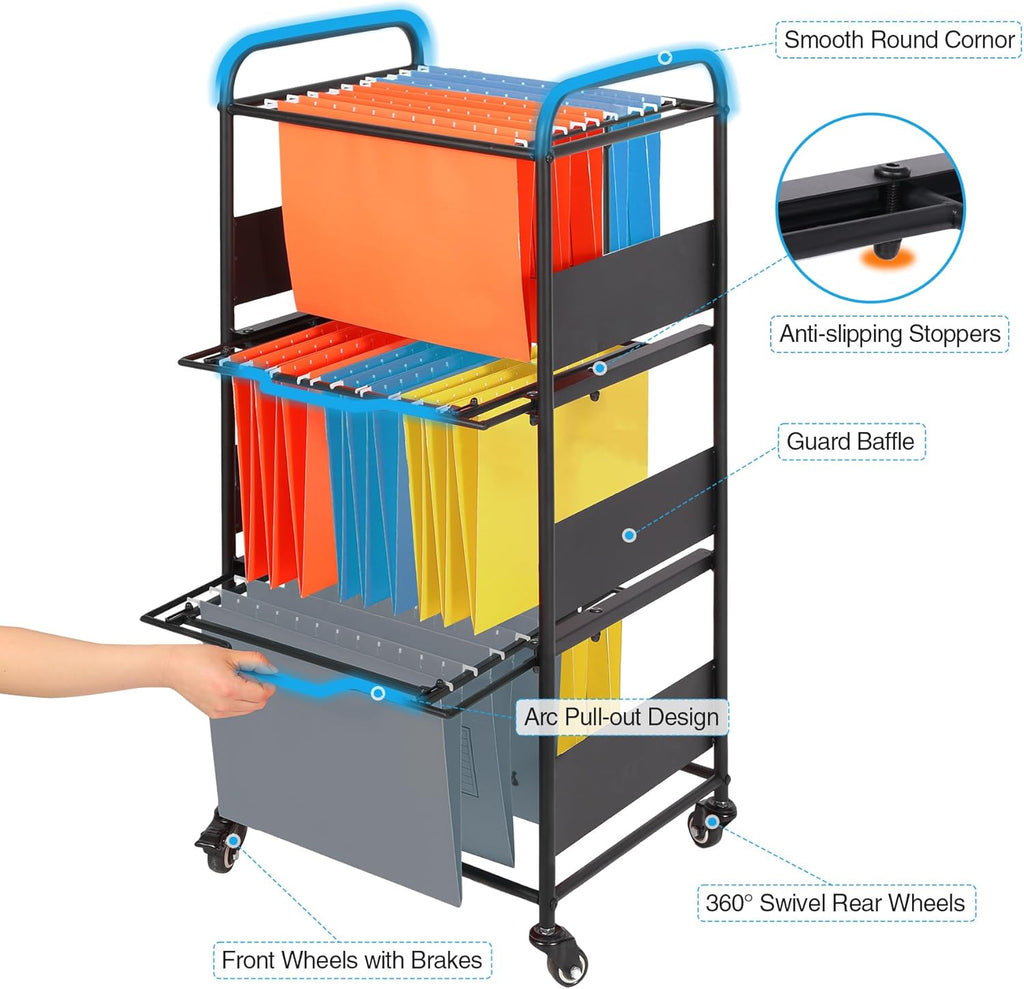 Black Rolling File Cart with Wheels Hanging Rack A7