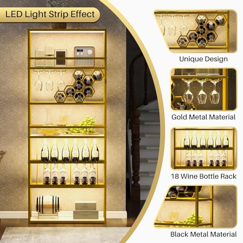 Wine Rack with LED Lights, 6 Tier Freestanding, Glass Holder a7
