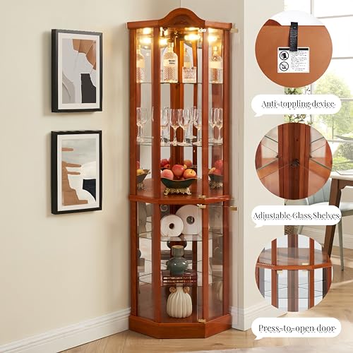 Corner Display Cabinet with Glass Doors and Lighted Shelves q7m