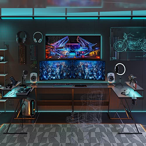L Shaped Gaming Desk with LED 55 Inch, Carbon Fiber Black a7