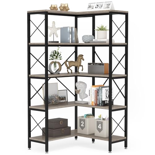 Modern 5-Tier Corner Bookshelf with Metal Frame Grey k7p