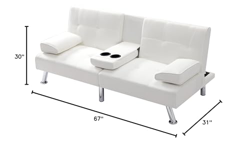 Synthetic Leather Convertible Futon Sofa Bed with Cup Holders Beige k7