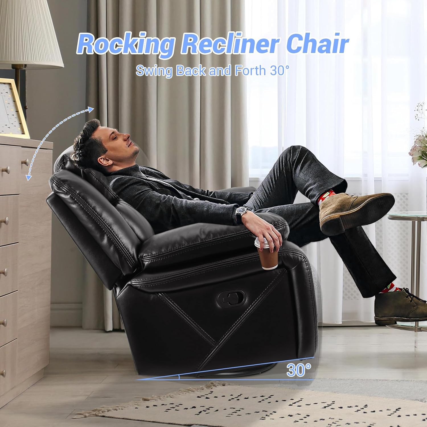 Swivel Rocker Recliner Chair for Small Spaces Black a7