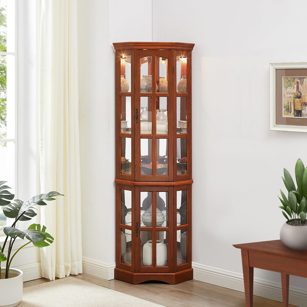 Glass Corner Display Cabinet with 5 Shelves and Lighting a7