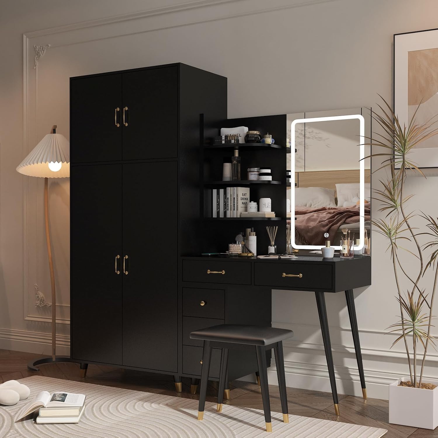 Black Vanity Desk with Mirror and Stool Set 4d