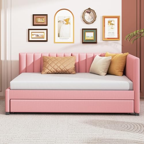 Upholstered Daybed with LED and Trundle, Teddy Fleece Sofa Bed for Kids Bedroom Dorm Beige k7