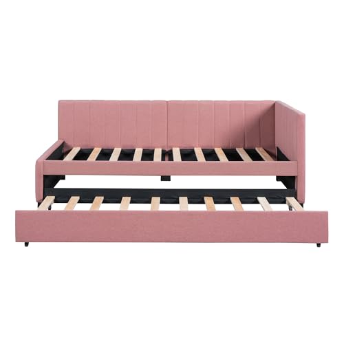Upholstered Daybed with LED and Trundle, Teddy Fleece Sofa Bed for Kids Bedroom Dorm Beige k7
