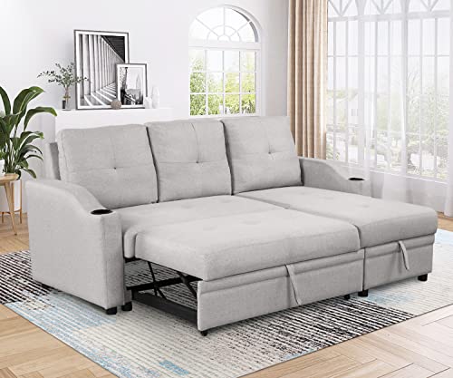 Pull Out Sofa Bed Linen Fabric 3 Seater with Storage Chaise k7p