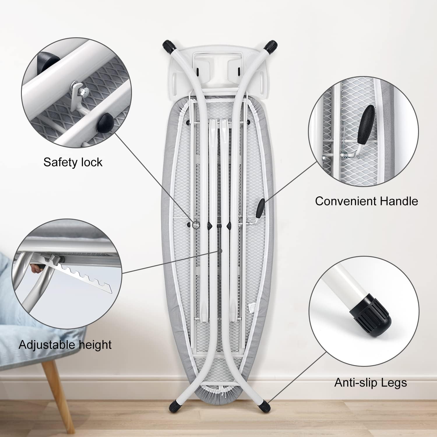 Ironing Board Full Size with Thickened Feltpad, Adjustable Height Grey k7m