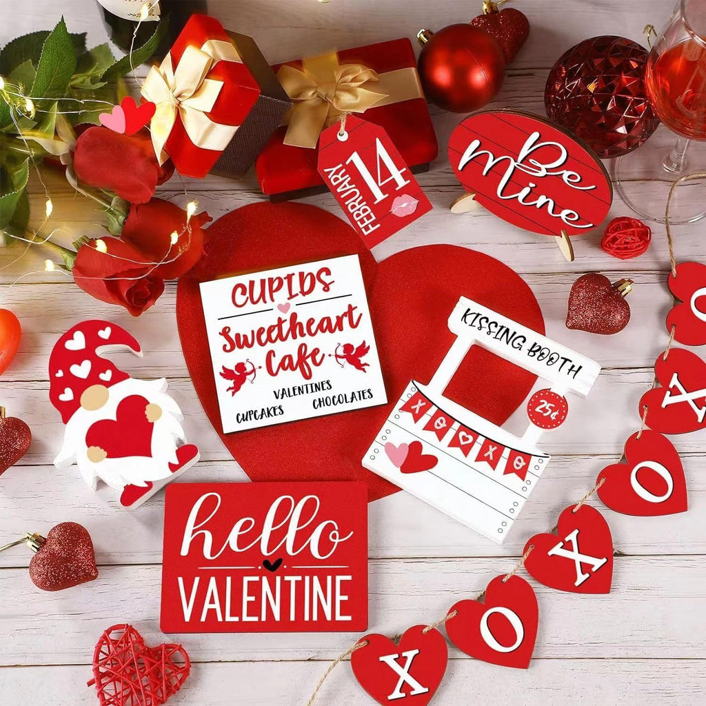 Valentine's Day Tiered Tray Decor, Farmhouse Decor Set, Valentine's Day Stereoscopic Exquisite Relief Design Sign Rustic Table Ornaments for Kitchen Table Decoration, Gift (Red)