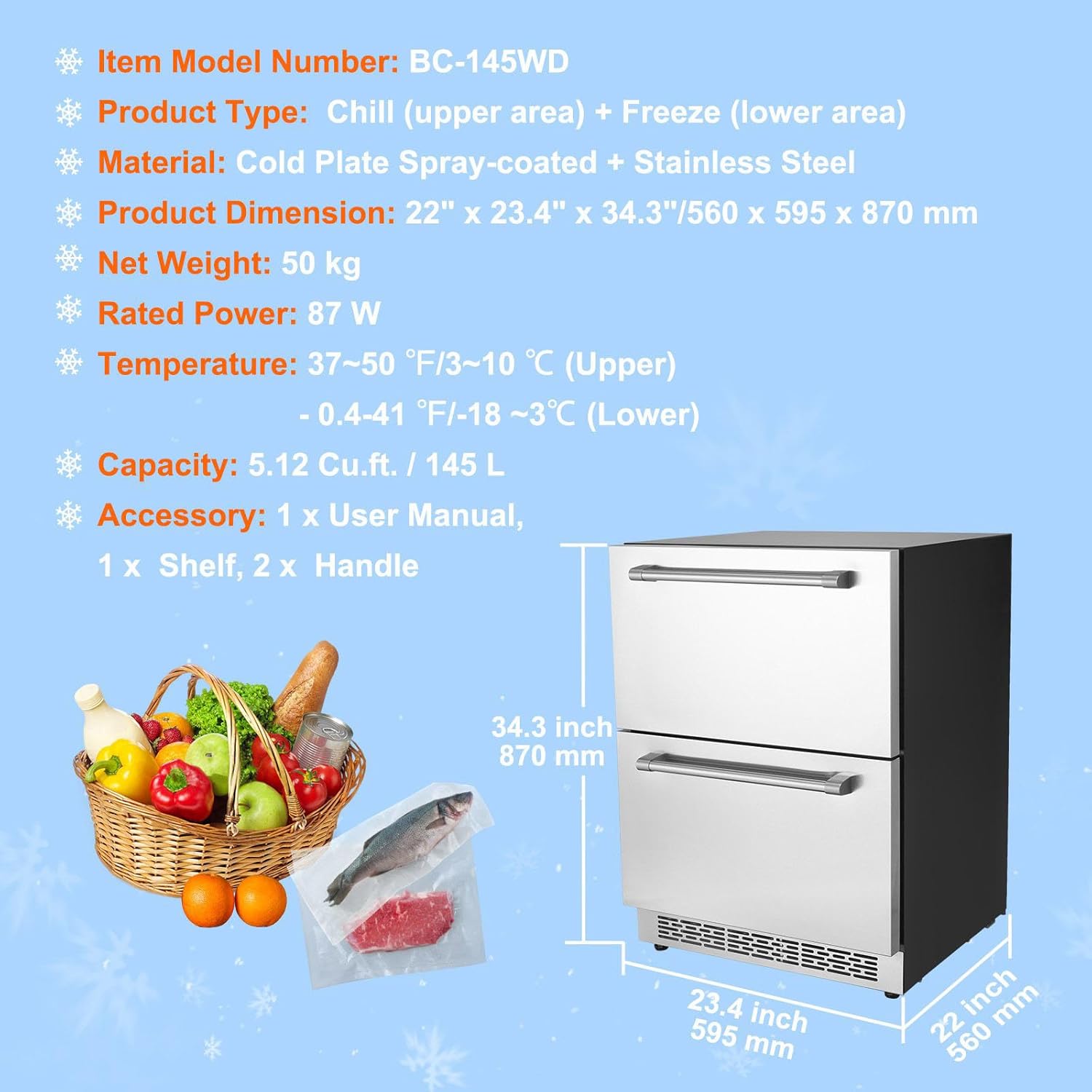 24 inch Undercounter Refrigerator 2 Drawer Silver k7m