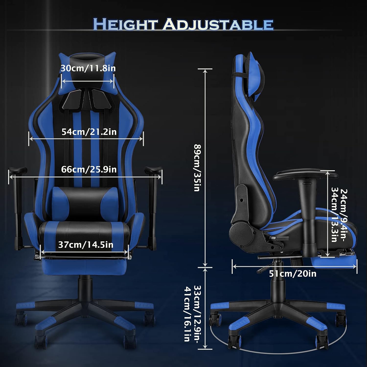 Ergonomic Gaming Chair with Footrest and Adjustable Headrest Lumbar Pillow Reddish Blue k7m