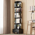 Solid Wood Rotating Book Shelf, 360° Display Bookcase with Drawer, 5-Tier Mobile Bookshelf with Wheels, 79" Tall Bookcase for Narrow Space, Spinning Bookshelf Tower for Home Office, Study Room, Black