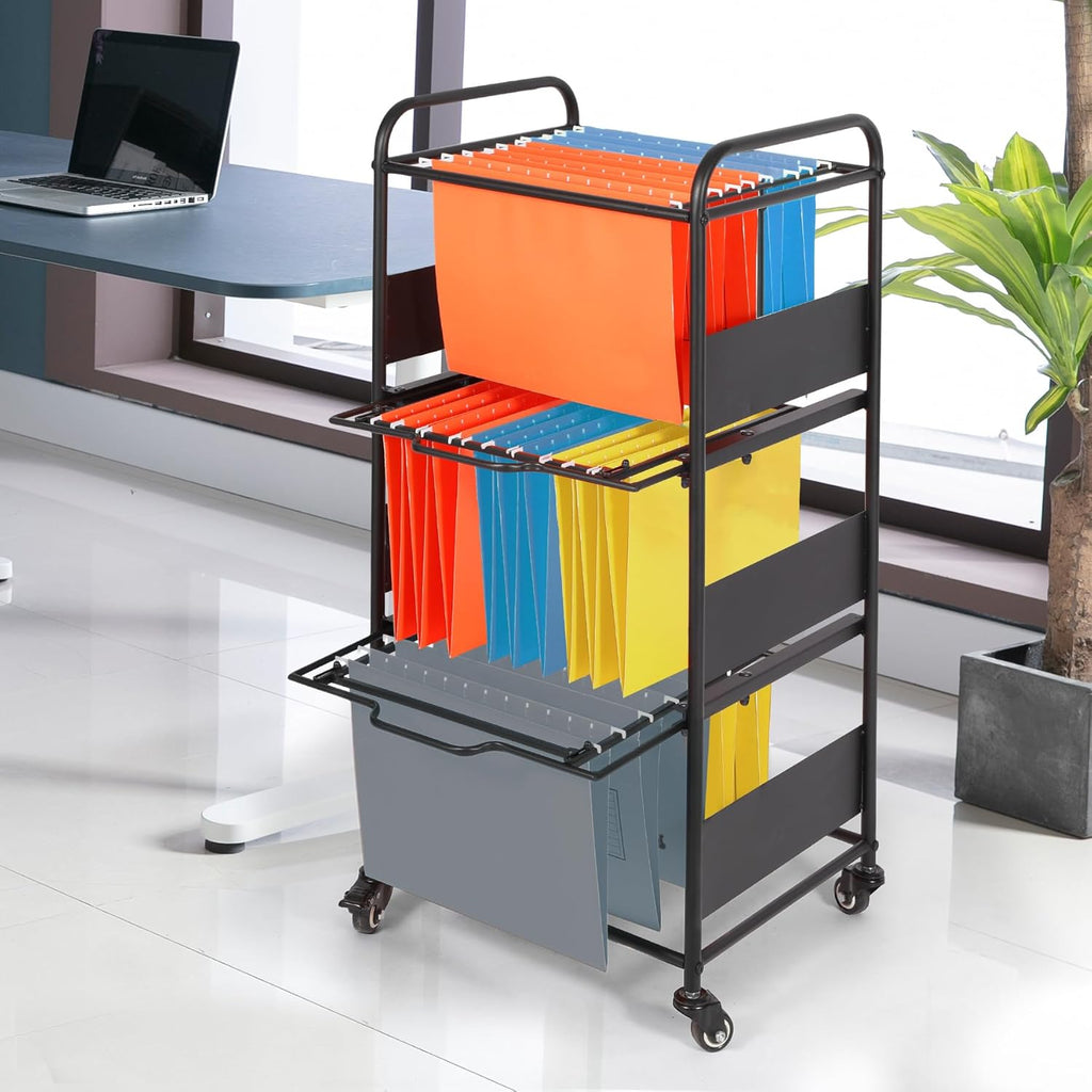 Black Rolling File Cart with Wheels Hanging Rack A7