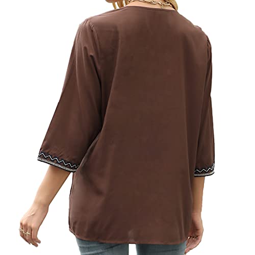 Embroidered 3/4 Sleeve V Neck Peasant Tunic Blouse k7