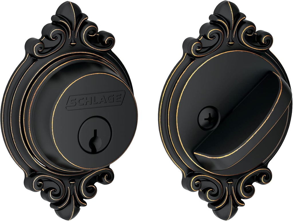 Schlage B60 N BRK 716 Deadbolt with Brookshire Trim, Keyed 1 Side, Highest Residential Security, Aged Bronze