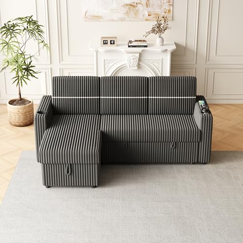L-Shaped Sleeper Sectional Sofa Bed with Storage Chaise, Corduroy Brown a7