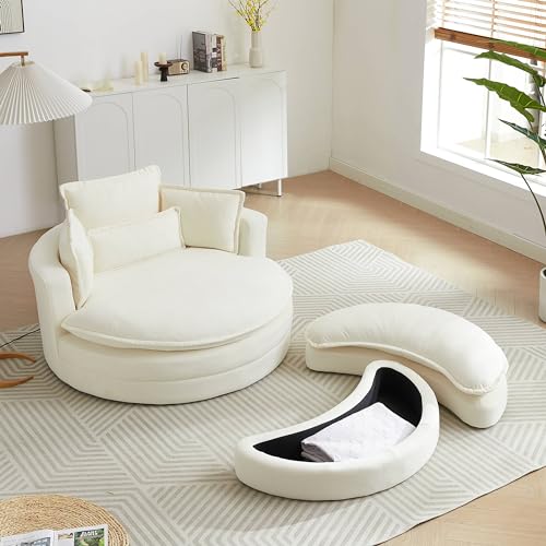 Modern Barrel Swivel Chair with Storage Ottoman and Pillows White A7k