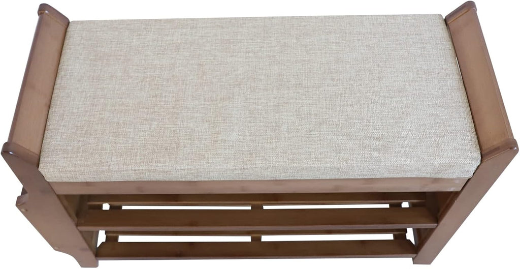 Bamboo Shoe Bench with Seat Cushion Entryway Storage Shelf a7