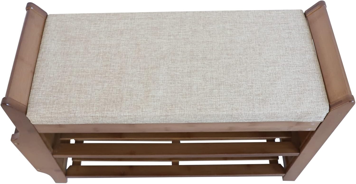 Bamboo Shoe Bench with Seat Cushion Entryway Storage Shelf a7