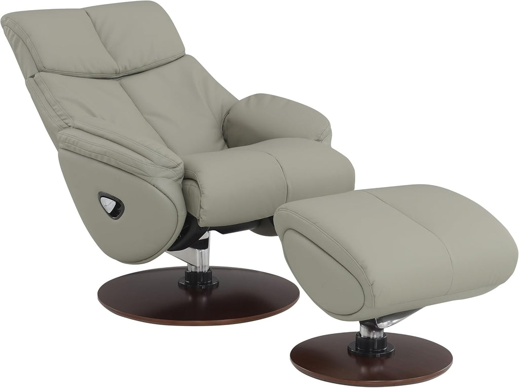 Leather Swivel Recliner Chair with Ottoman and Wooden Base, Gray a7