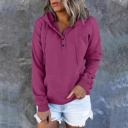 Women's Fall Hoodies Long Sleeve Button V Neck Pullover k7
