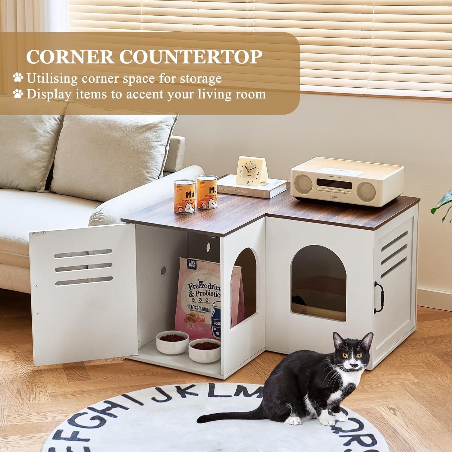 Corner Litter Box Enclosure for Two Cats, Hidden Cabinet Furniture a7