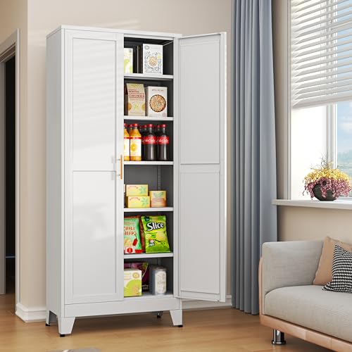 75.2”H Pantry Storage Cabinet, Kitchen Storage Cabinets with Adjustable Feet and Shelves, Metal Pantry Cabinet for Kitchen, Living Room, Laundry Room and Dinning Room