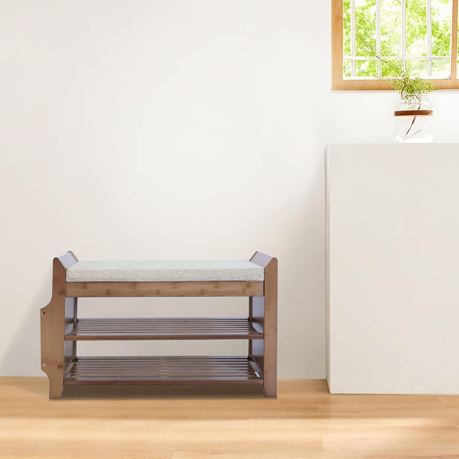 Bamboo Shoe Bench with Seat Cushion Entryway Storage Shelf a7