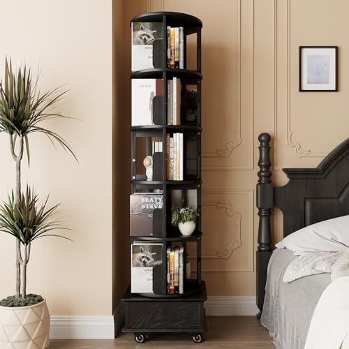 Solid Wood Rotating Bookshelf 360 Display with Drawer 5-Tier Mobile Tower k7p