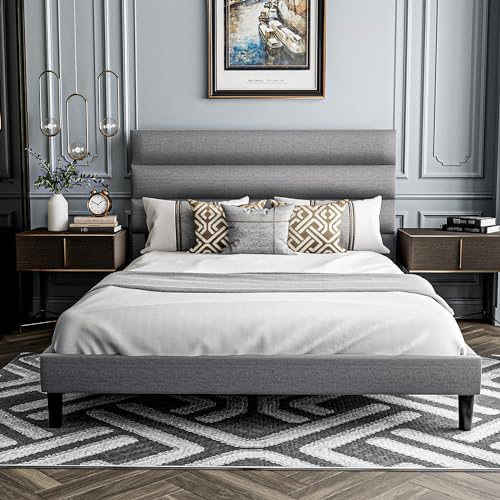 Full Size Bed Frame with Height-Adjustable Linen Fabric Upholstered Headboard, Platform Bed with Crafted Tufted Flax Headboard, No Box Spring Needed, Easy Assembly, Dark Gray