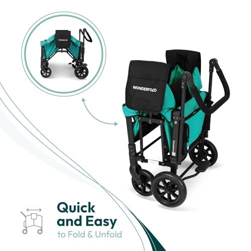 Collapsible Double Stroller Wagon with Seats and Sun Canopy Teal Green k7