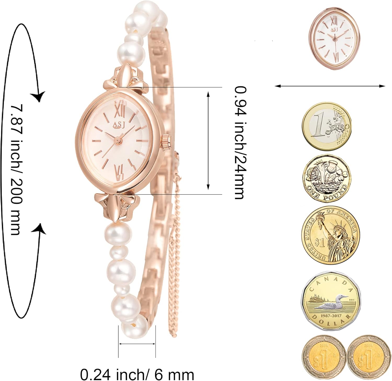 Natural Pearl Watch and Bracelet Set for Women Rose Gold Oval Dial k7m