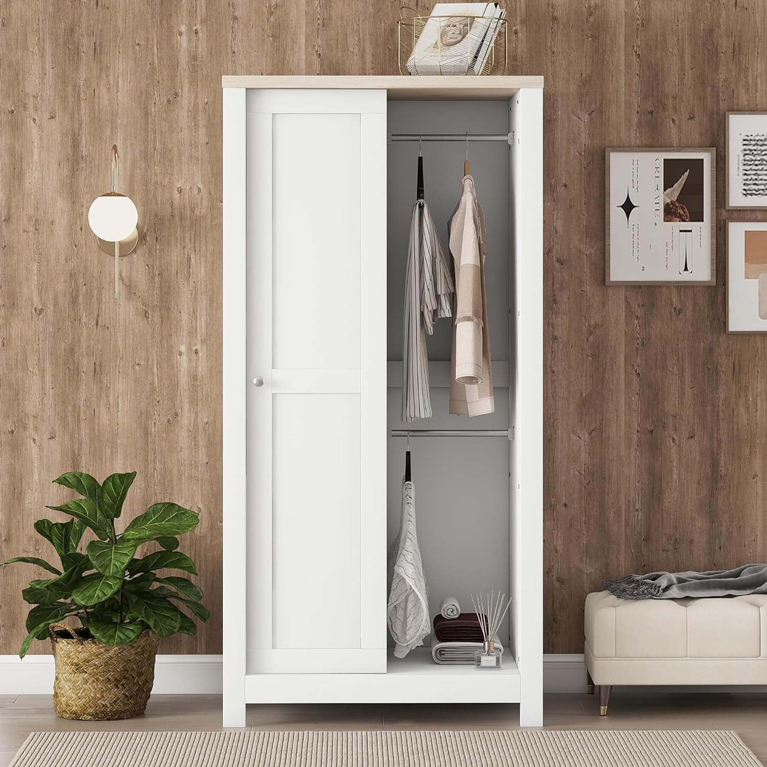 Wardrobe Closet Organizer with 2 Drawers and Hanging Rods White k7m