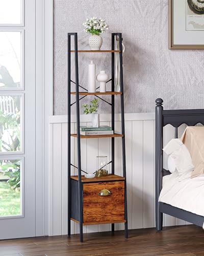 Narrow Bookshelf Bookcase with Drawer and Hooks, 4 Tier Rustic Brown k7