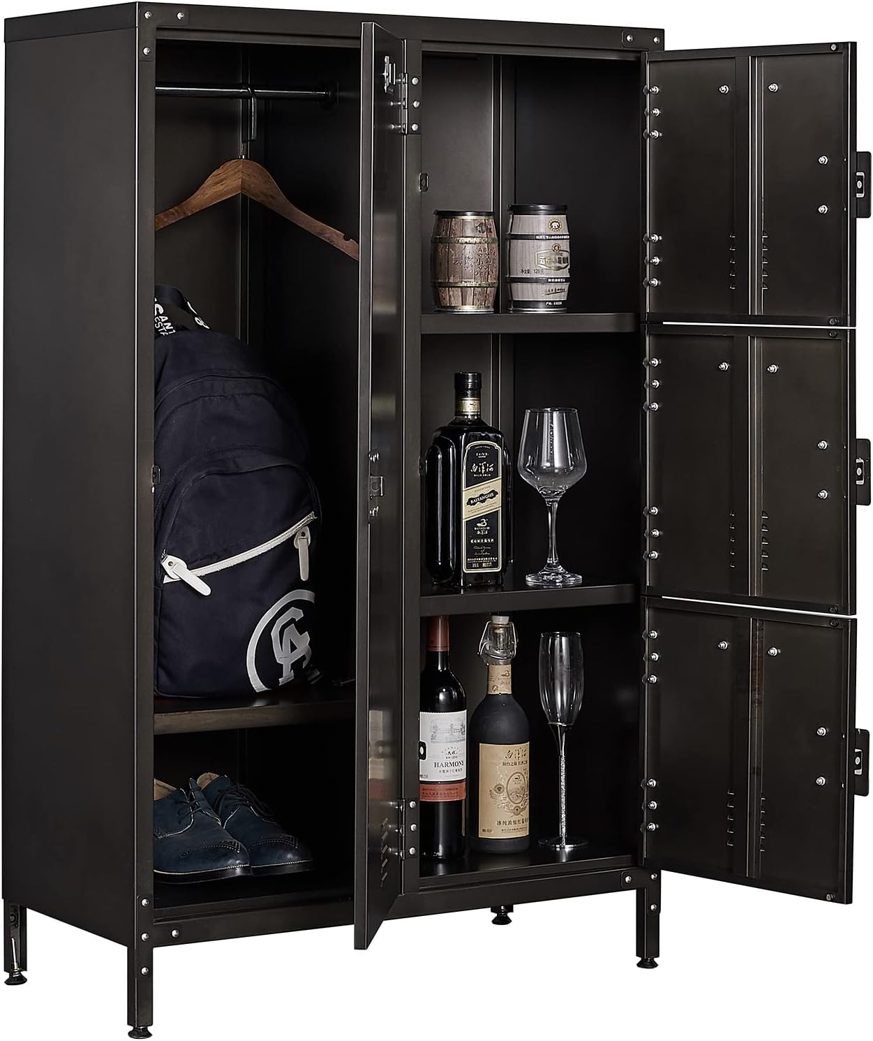 Metal Locker Storage Cabinet, 55" Employees Locker with 4 Doors, Steel Retro Wardrobe with Adjustable Feet for Home, Office, Gym, School