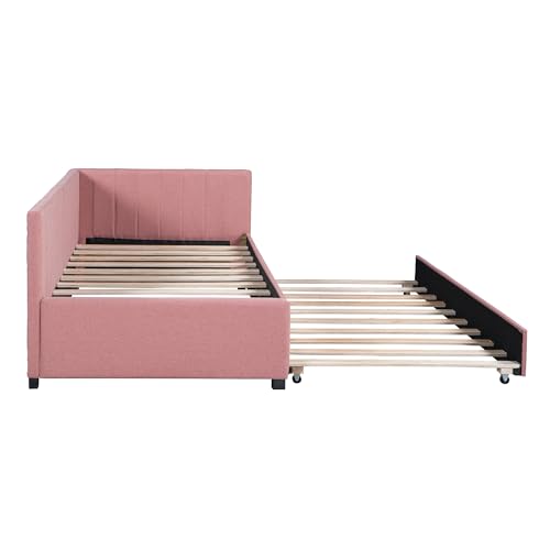 Upholstered Daybed with LED and Trundle, Teddy Fleece Sofa Bed for Kids Bedroom Dorm Beige k7