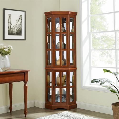 Corner Curio Cabinet with 5 Shelves and Lighting, Tempered Glass Doors Oak k7m