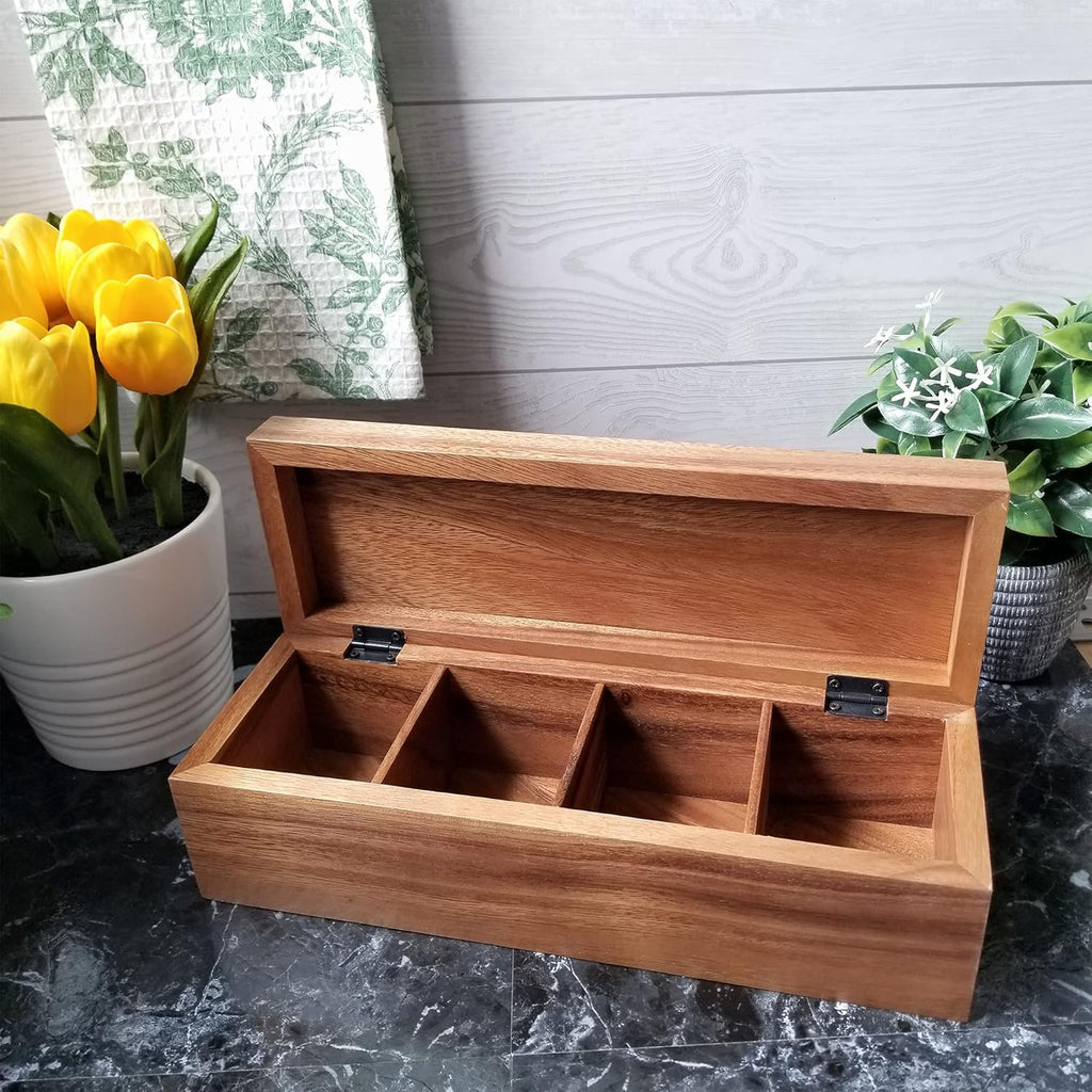 Acacia Wood Tea Box with 4 Sections 8x