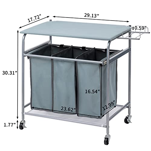 Laundry Sorter with Ironing Board and Rolling 3-Bag Hamper a7k