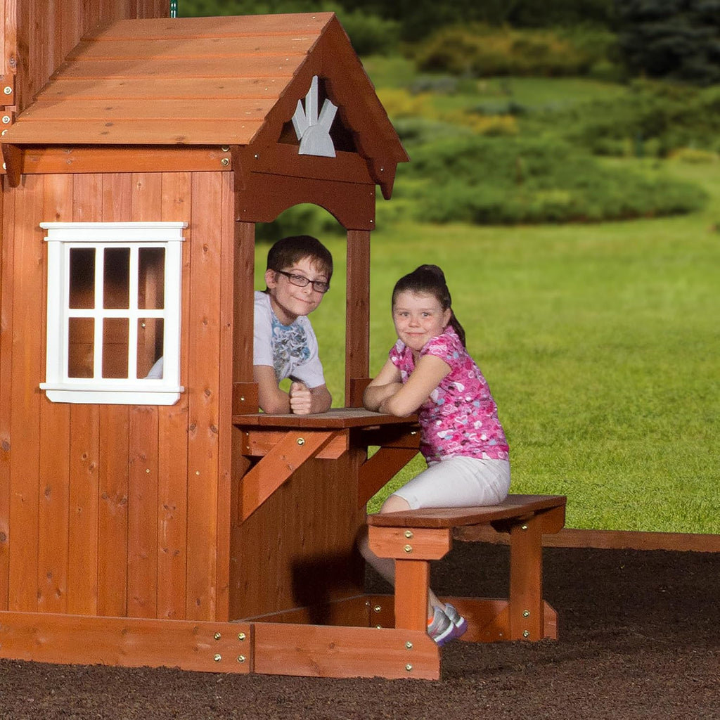 Cedar Wooden Playset Swing Set with Wave Slide and Playhouse k7m